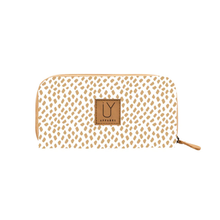 Load image into Gallery viewer, Beige &amp; white spotted wallet with a IY logo on a white background
