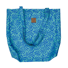 Load image into Gallery viewer, Blue patterned tote bag with a brand logo on a white background
