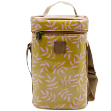 Load image into Gallery viewer, Yellow and pink patterned cooler bag with a handle and strap on a white background
