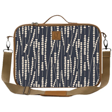 Load image into Gallery viewer, Black &amp; white patterned laptop bag with a leather strap on a white background
