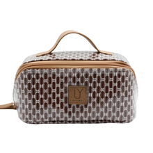 Load image into Gallery viewer, Cosmetic bag with brown and white pattern on a white background
