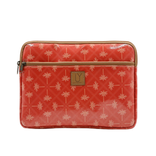 Load image into Gallery viewer, Orange iPad sleeve with palm tree pattern &amp; IY logo on a white background
