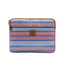 Load image into Gallery viewer, Red, white &amp; blue wave-patterned iPad sleeve with a visible IY brand logo on a white background
