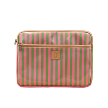 Load image into Gallery viewer, Striped pink and green iPad sleeve with a visible IY brand logo on a white background
