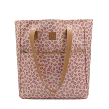 Load image into Gallery viewer, Pink tote bag with green &amp; pink leopard print pattern and brown handles on a white background
