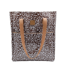 Load image into Gallery viewer, Tote bag with leopard print pattern and brown handles on a white background
