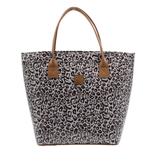 Load image into Gallery viewer, Leopard print tote bag with brown handles on a white background
