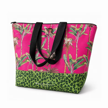 Load image into Gallery viewer, Hayward &amp; Haines Beach bag with pink and green design featuring animals on a white background
