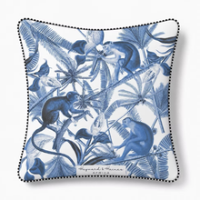 Load image into Gallery viewer, Decorative pillow with blue monkey and palm tree design on a white background
