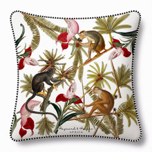 Load image into Gallery viewer, Decorative pillow with monkeys and tropical plants on a white background
