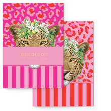 Load image into Gallery viewer, Two pink notebooks with leopard designs and floral crowns on a white background

