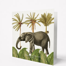 Load image into Gallery viewer, Greeting card with an elephant and palm trees design on a white background
