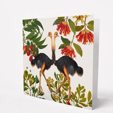 Load image into Gallery viewer, Card with illustration of two ostriches and floral design on a white background
