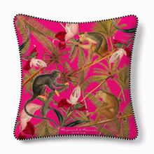 Load image into Gallery viewer, Decorative cushion with monkey and floral design on a pink background
