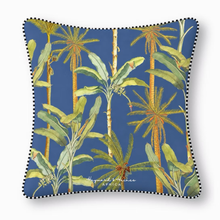 Load image into Gallery viewer, Cushion with tropical palm tree design on a blue background
