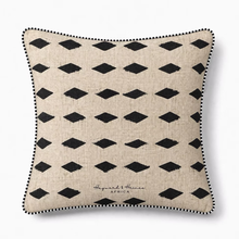 Load image into Gallery viewer, Beige cushion with black geometric pattern on a white background
