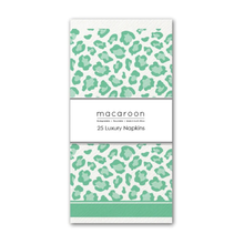 Load image into Gallery viewer, A pack of 25 Macaroon luxury napkins featuring a mint green and white leopard print pattern, shown in its white paper sleeve packaging.
