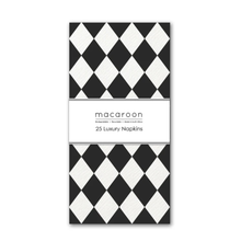 Load image into Gallery viewer, A pack of 25 Macaroon luxury napkins featuring a black and white harlequin diamond pattern, with a white paper band in the center displaying the brand name 'macaroon'.
