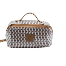 Load image into Gallery viewer, Patterned toiletry bag with brown accents on a white background
