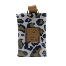 Load image into Gallery viewer, A small keyring pouch with a white background and an olive green and navy leopard print pattern, featuring a brown leather logo patch on the front and a brown leather strap with a gold-tone ring at the top.
