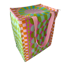 Load image into Gallery viewer, Colorful patterned cooler bag with pink handles on a white background
