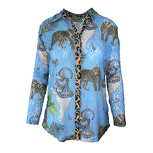 Load image into Gallery viewer, A long-sleeve button-up shirt with a vibrant blue background, featuring an all-over print of leopards, jaguars, and palm leaves, with a leopard-print patterned button placket.
