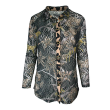 Load image into Gallery viewer, A women's long-sleeve button-up shirt with a complex abstract pattern in black, gray, beige, and gold
