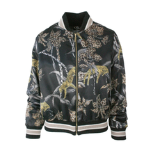 Load image into Gallery viewer, A black satin bomber jacket featuring a leopard print pattern with golden-yellow and white accents, ribbed collar, cuffs, and hem, and a front zipper closure.
