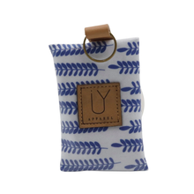Load image into Gallery viewer, Small IY keyring pouch with blue leaf pattern and brown strap on a white background
