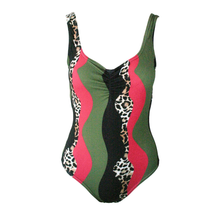 Load image into Gallery viewer, A one-piece swimsuit featuring wavy vertical stripes in olive green, black, and hot pink, accented with leopard print panels in beige, brown, and black.
