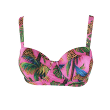 Load image into Gallery viewer, A pink bikini top with a vibrant tropical print featuring palm trees, green leaves, leopard spots, and blue accents, shown against a plain white background.

