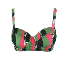 Load image into Gallery viewer, A balconette bikini top with a bold geometric pattern featuring olive green, black, red, and leopard print panels, shown against a plain white background.
