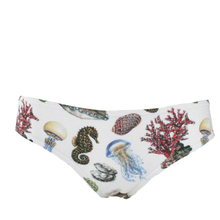 Load image into Gallery viewer, White bikini bottoms featuring an all-over underwater print of jellyfish, seahorses, coral, and shells.
