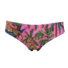 Load image into Gallery viewer, Pink bikini bottoms featuring a vibrant tropical print with green palm leaves, a leopard, and a peacock, shown against a plain white background.
