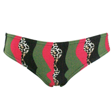 Load image into Gallery viewer, Low-rise bikini briefs featuring a bold pattern of olive green, red, black, and leopard print stripes on a white background.

