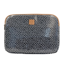 Load image into Gallery viewer, Black and white patterned laptop sleeve with an IY logo on a white background
