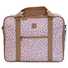 Load image into Gallery viewer, Pink leopard print overnight bag with brown straps on a white background
