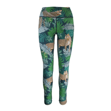 Load image into Gallery viewer, High-waisted leggings with a tropical jungle print featuring green palm leaves and tigers on a dark teal background, shown against a plain white background.

