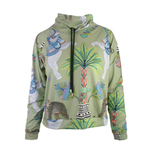 Load image into Gallery viewer, Green hoodie with colorful animal and plant pattern on a white background
