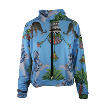Load image into Gallery viewer, Blue hoodie with colorful animal and plant pattern on a white background
