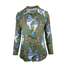Load image into Gallery viewer, Green shirt with leopard &amp; elephant pattern on a white background

