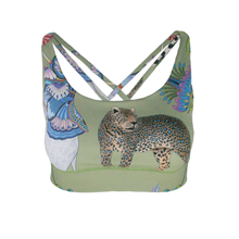 Load image into Gallery viewer, Green Rush sports bra with a leopard print and colourful straps on a white background
