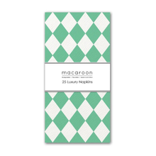 Load image into Gallery viewer, Pack of 25 luxury napkins with green and white diamond pattern, brand 'macaroon' visible.
