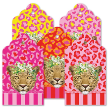 Load image into Gallery viewer, Set of 5 colourful gift tags with leopard designs on a white background
