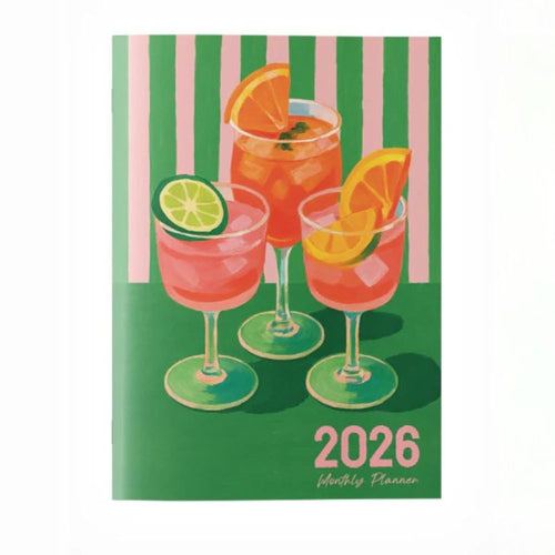 Planner cover with cocktail illustration and '2026' text on a green background