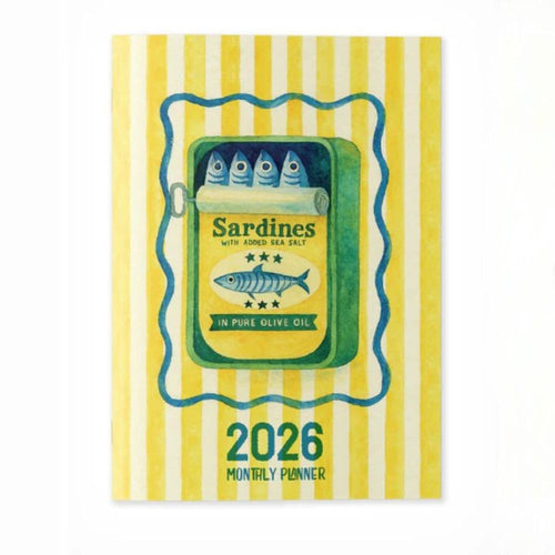 2026 monthly planner with sardine can design on a yellow and white striped background