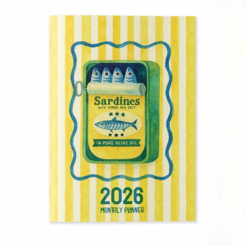 2026 monthly planner with sardine can design on a yellow and white striped background