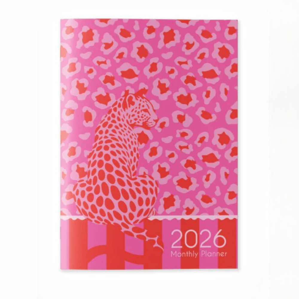 2026 monthly planner with a pink and red leopard print design on a white background