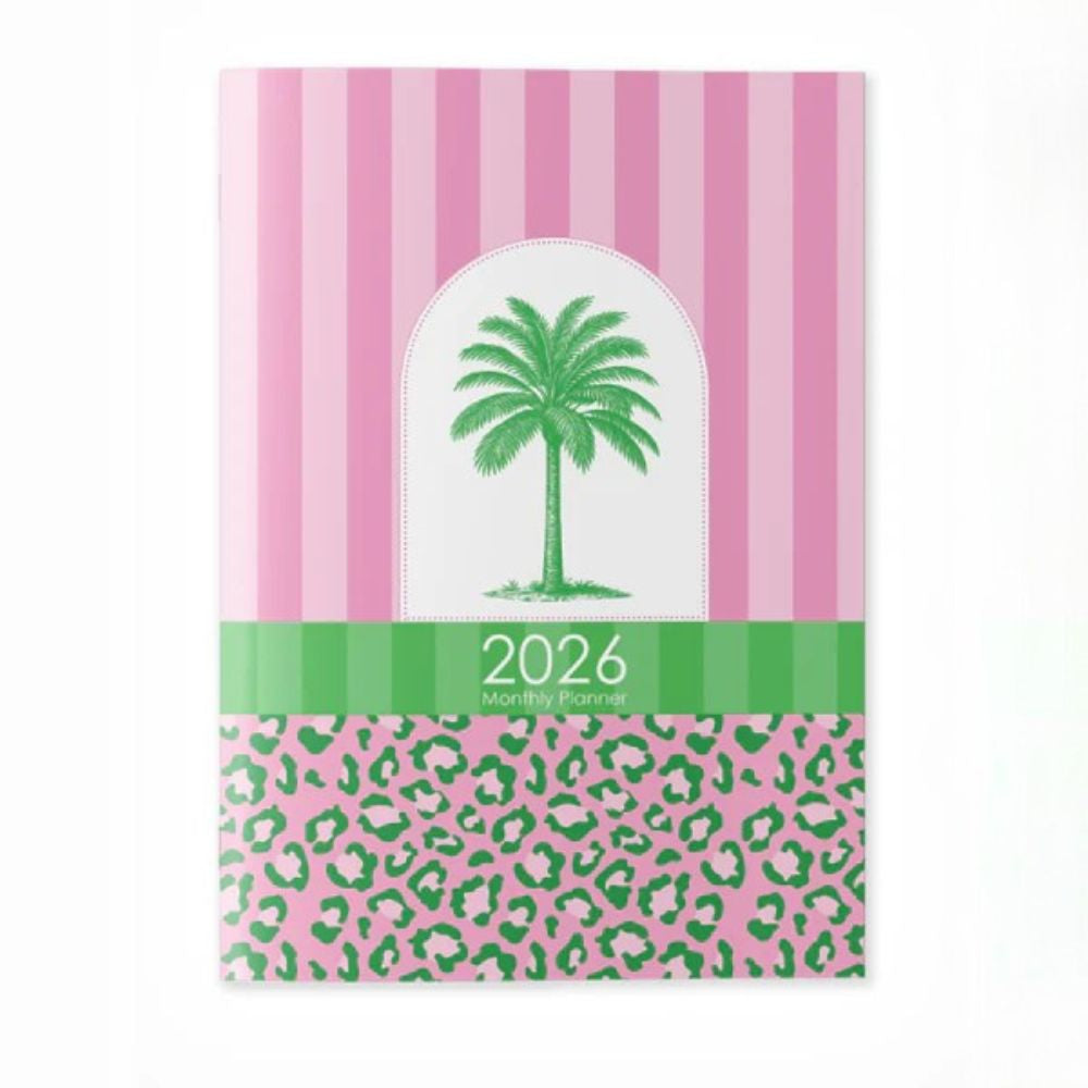 2026 planner with pink and green design featuring a palm tree and leopard print
