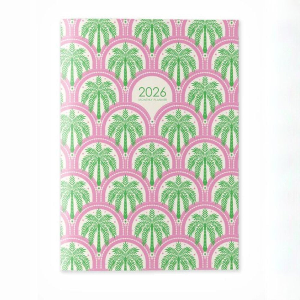 2026 calendar with palm tree pattern on a pink background